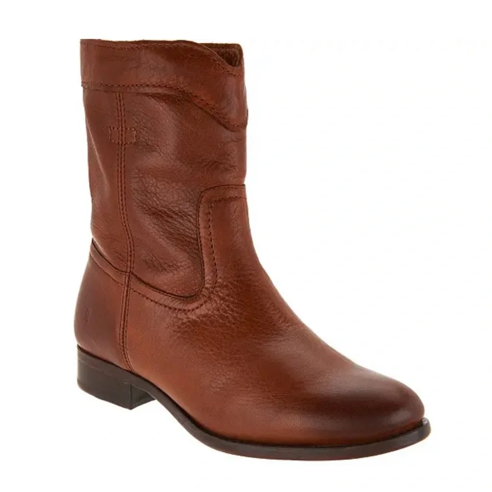 Frye Cara Roper Short Pull-on Boots Cognac Soft Pebbled Full Grain - Picture 1 of 12